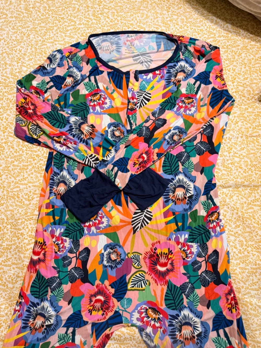 Floral Long-Sleeve Pajama Romper in Multicolor with Navy Trim